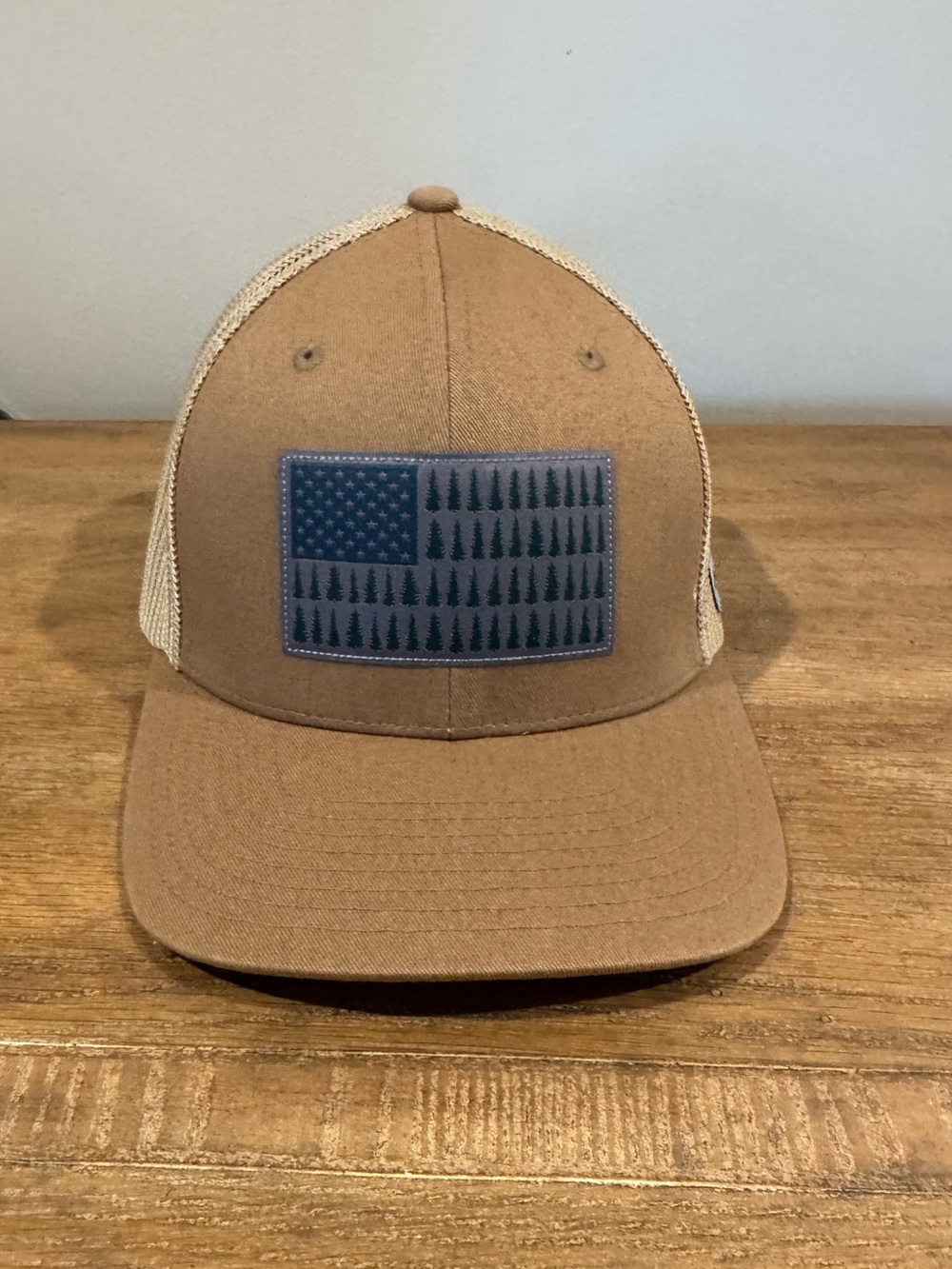 Brown Columbia Hat with Blue Flag Patch